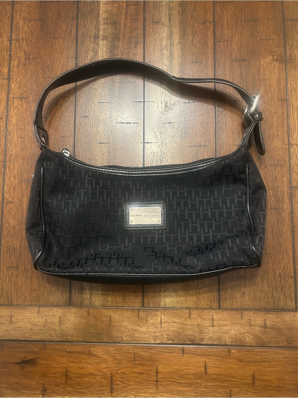 Vintage Y2K Tommy Hilfiger Black Monogram Jacquard Baguette Shoulder Bag